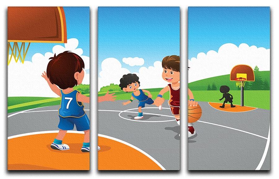 Kids playing basketball in a playground 3 Split Panel Canvas Print - Canvas Art Rocks - 1