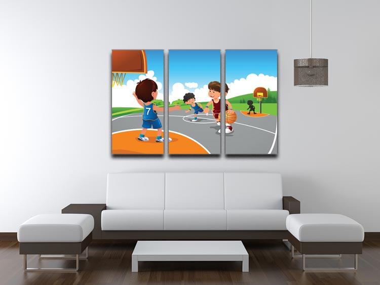 Kids playing basketball in a playground 3 Split Panel Canvas Print - Canvas Art Rocks - 3