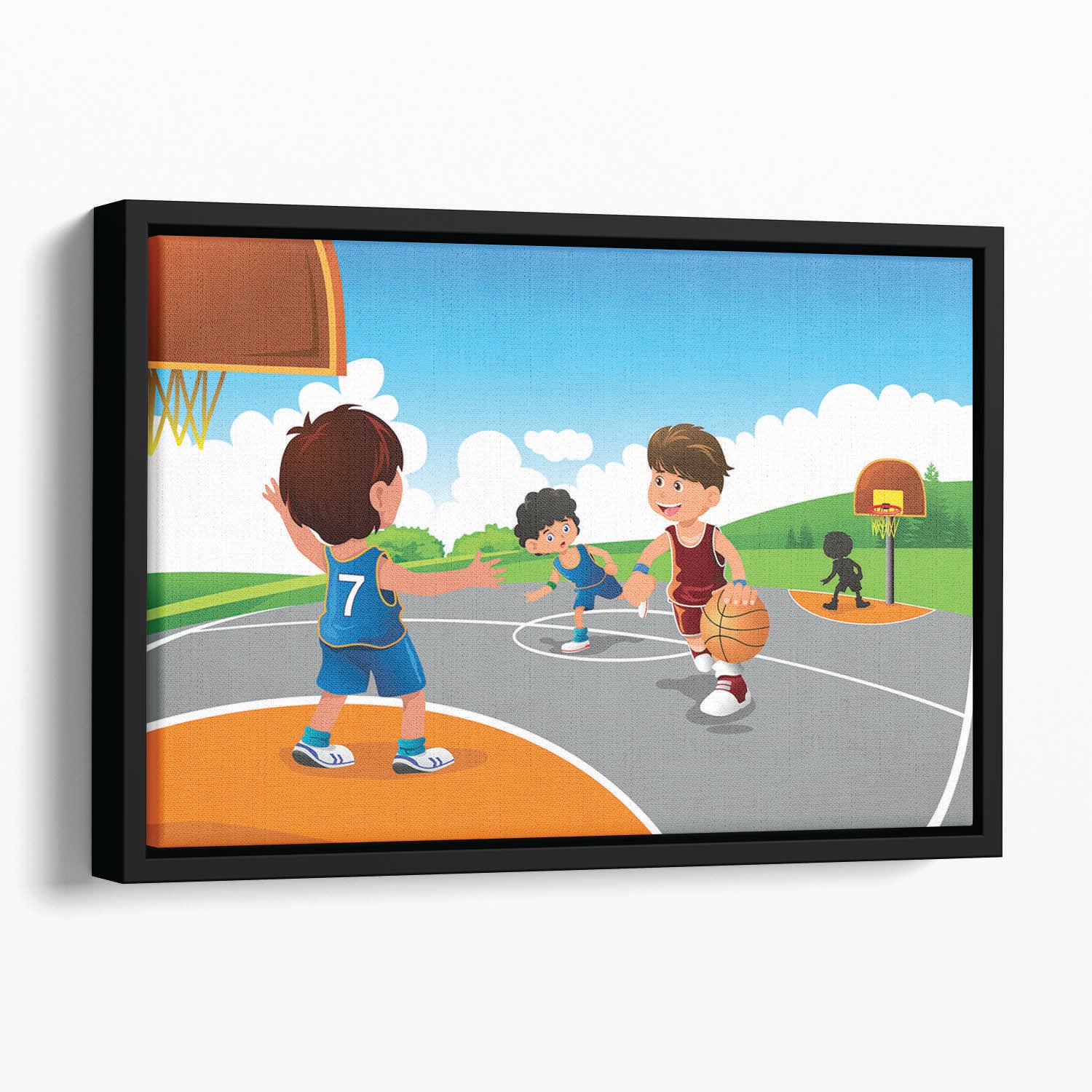 Kids playing basketball in a playground Floating Framed Canvas