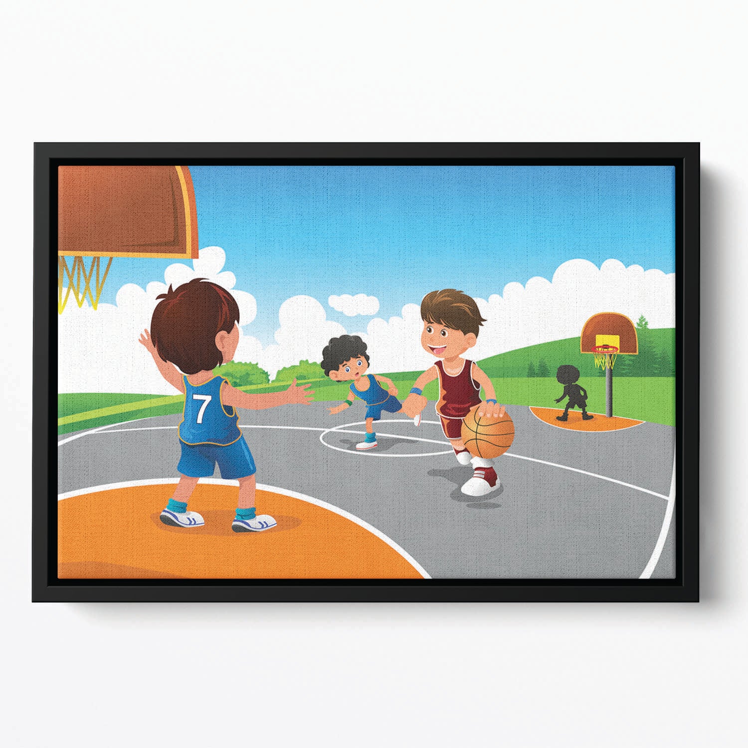 Kids playing basketball in a playground Floating Framed Canvas