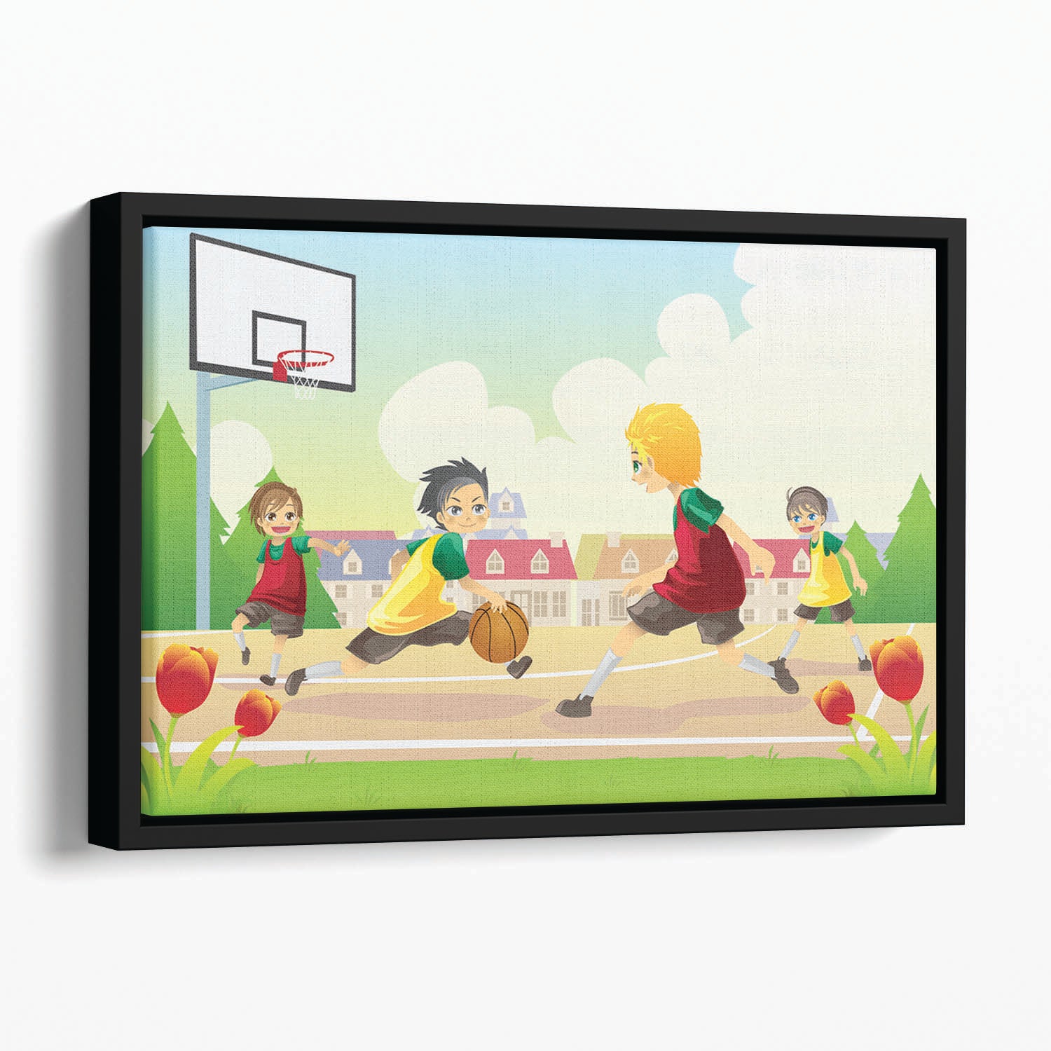 Kids playing basketball in the suburban area Floating Framed Canvas