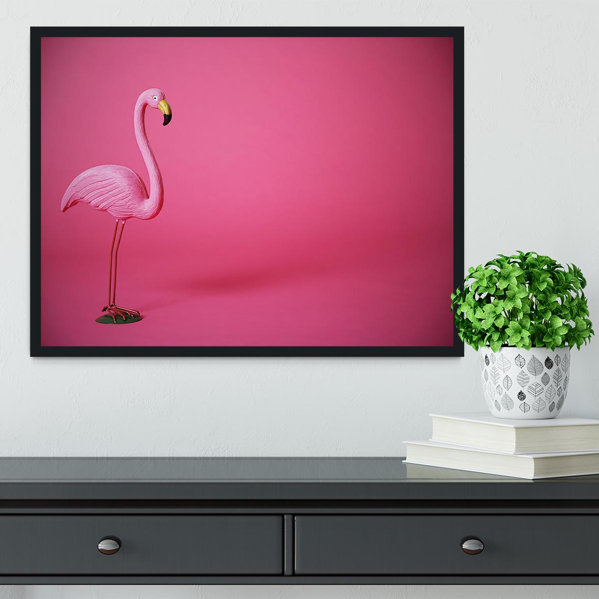 Kitsch pink flamingo in studio Framed Print - Canvas Art Rocks - 2