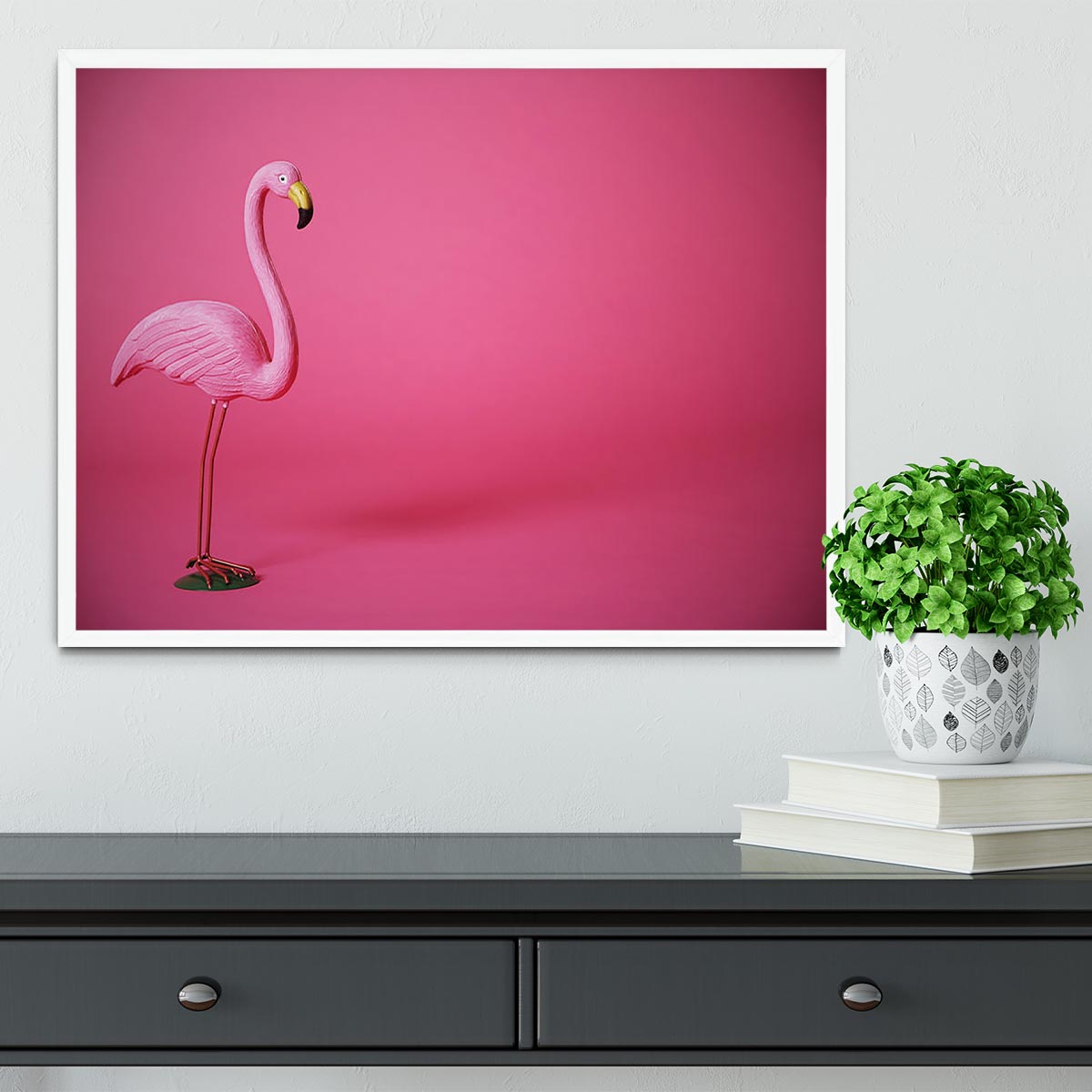 Kitsch pink flamingo in studio Framed Print - Canvas Art Rocks -6