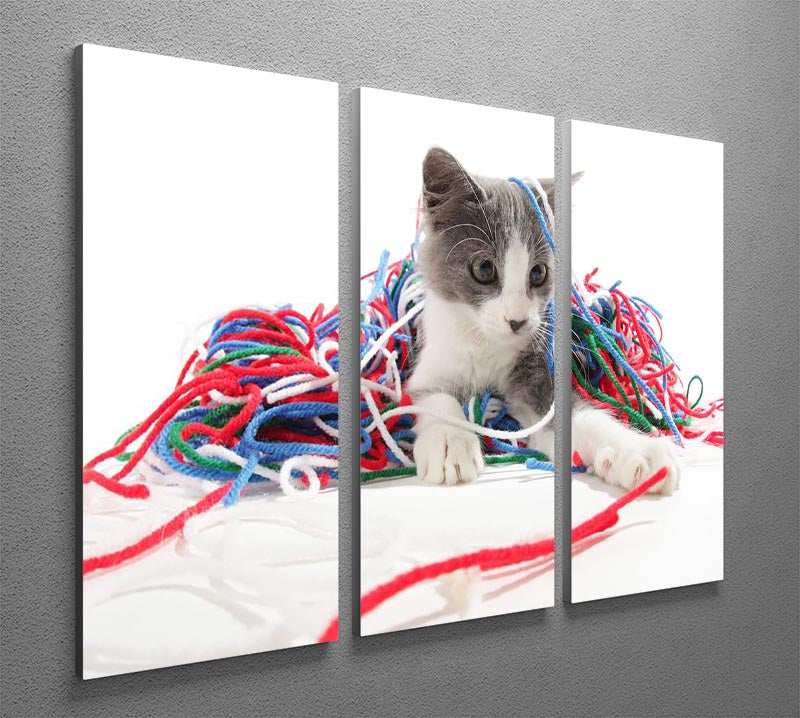 Kitten playing with yarn 3 Split Panel Canvas Print - Canvas Art Rocks - 2