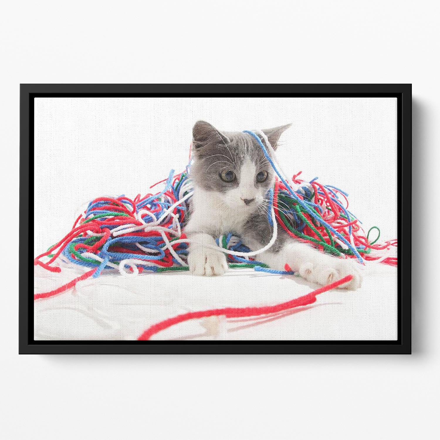 Kitten playing with yarn Floating Framed Canvas - Canvas Art Rocks - 2