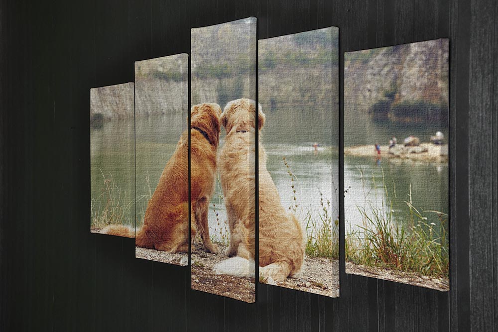 Lake for swimming. Two golden retriever dogs 5 Split Panel Canvas - Canvas Art Rocks - 2