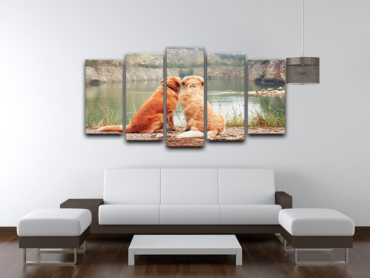 Lake for swimming. Two golden retriever dogs 5 Split Panel Canvas - Canvas Art Rocks - 3