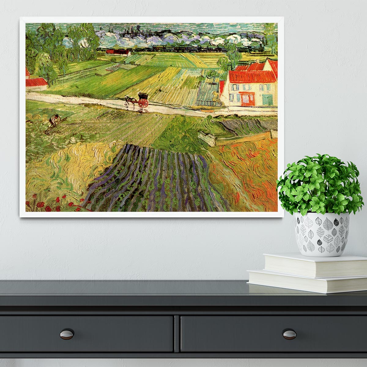 Landscape with Carriage and Train in the Background by Van Gogh Framed Print - Canvas Art Rocks -6