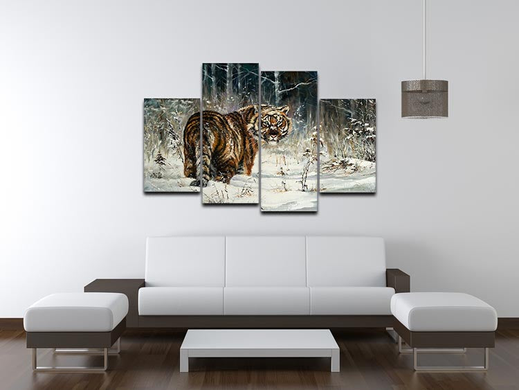 Landscape with a tiger in winter wood 4 Split Panel Canvas - Canvas Art Rocks - 3