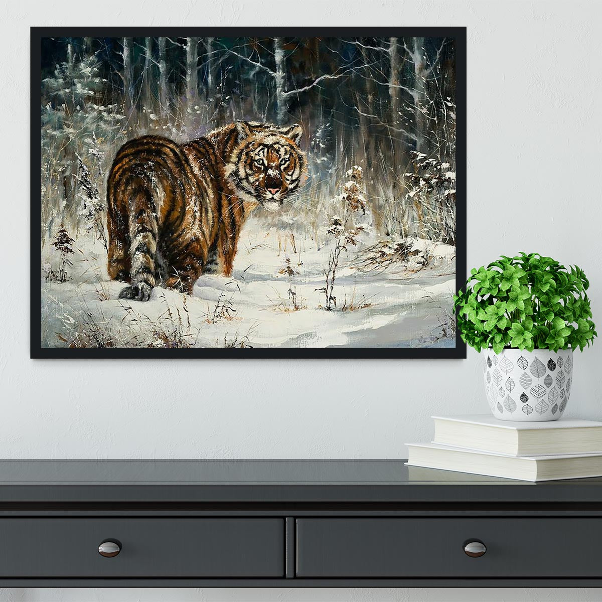 Landscape with a tiger in winter wood Framed Print - Canvas Art Rocks - 2