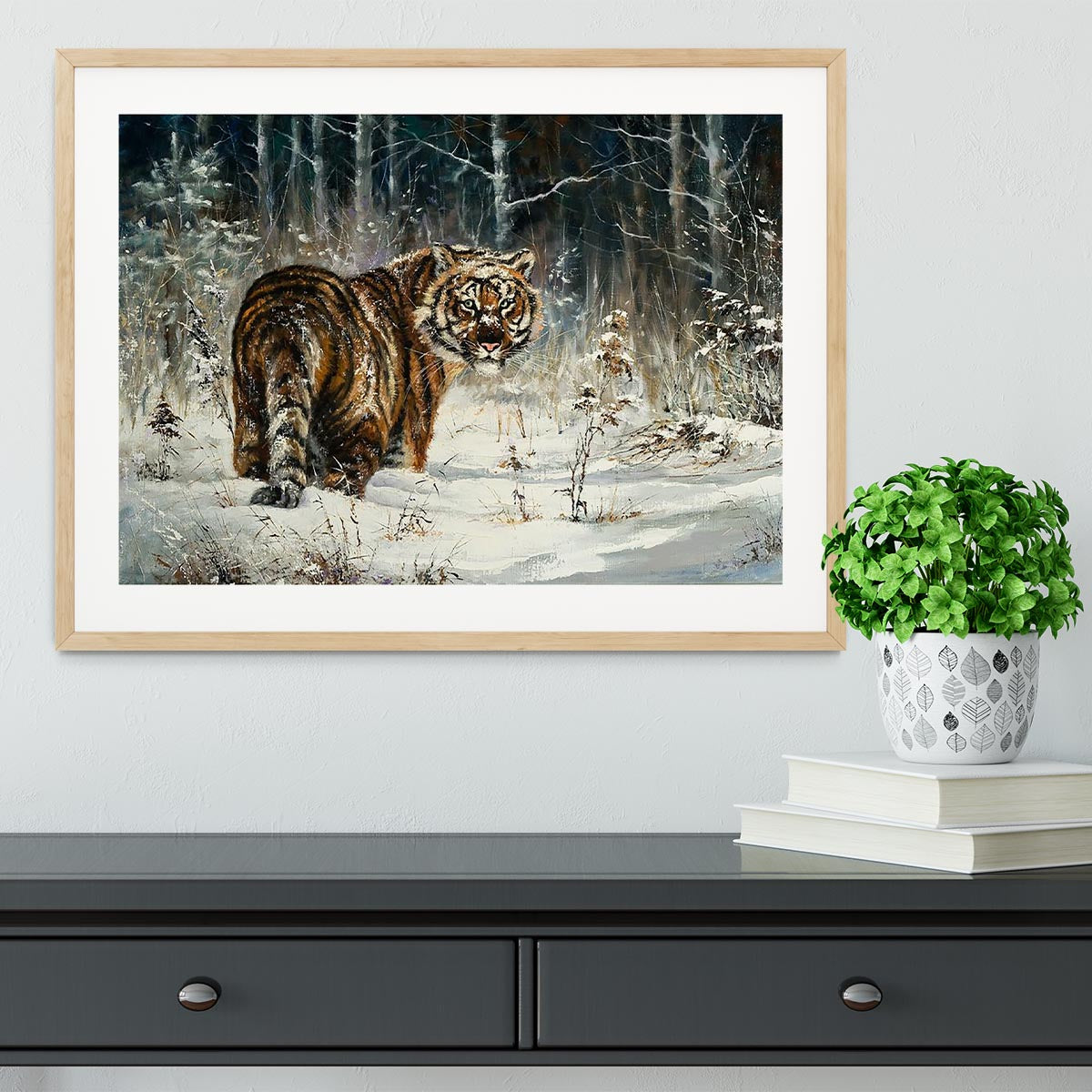 Landscape with a tiger in winter wood Framed Print - Canvas Art Rocks - 3