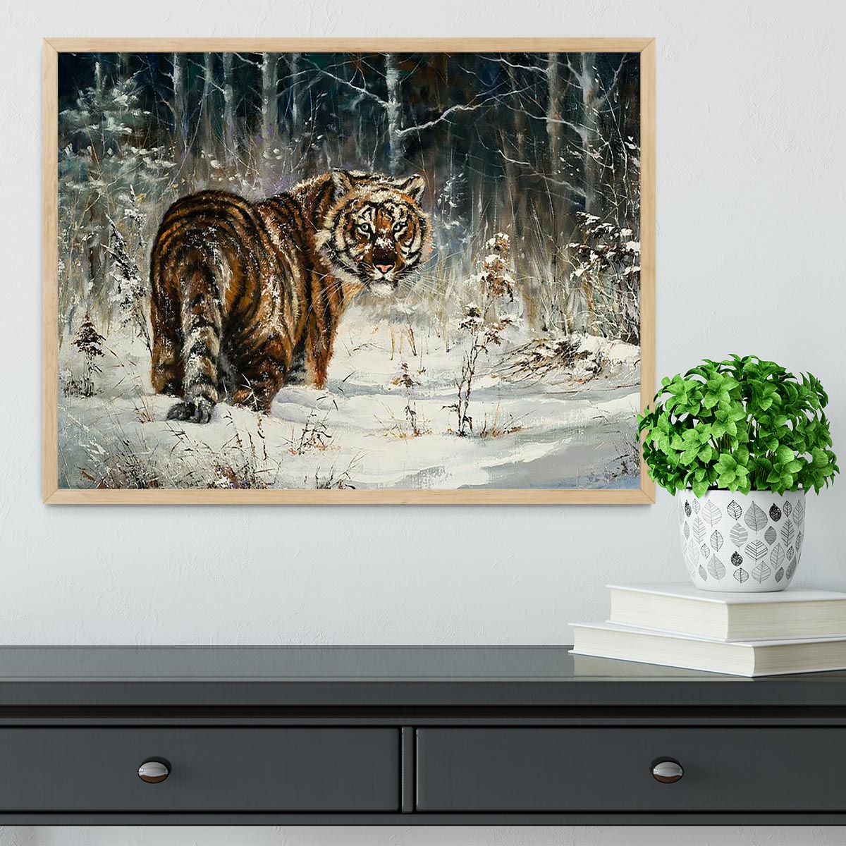 Landscape with a tiger in winter wood Framed Print - Canvas Art Rocks - 4