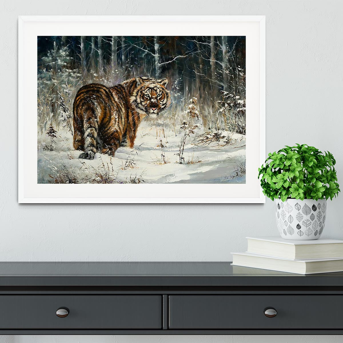 Landscape with a tiger in winter wood Framed Print - Canvas Art Rocks - 5
