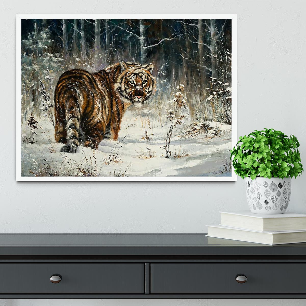 Landscape with a tiger in winter wood Framed Print - Canvas Art Rocks -6