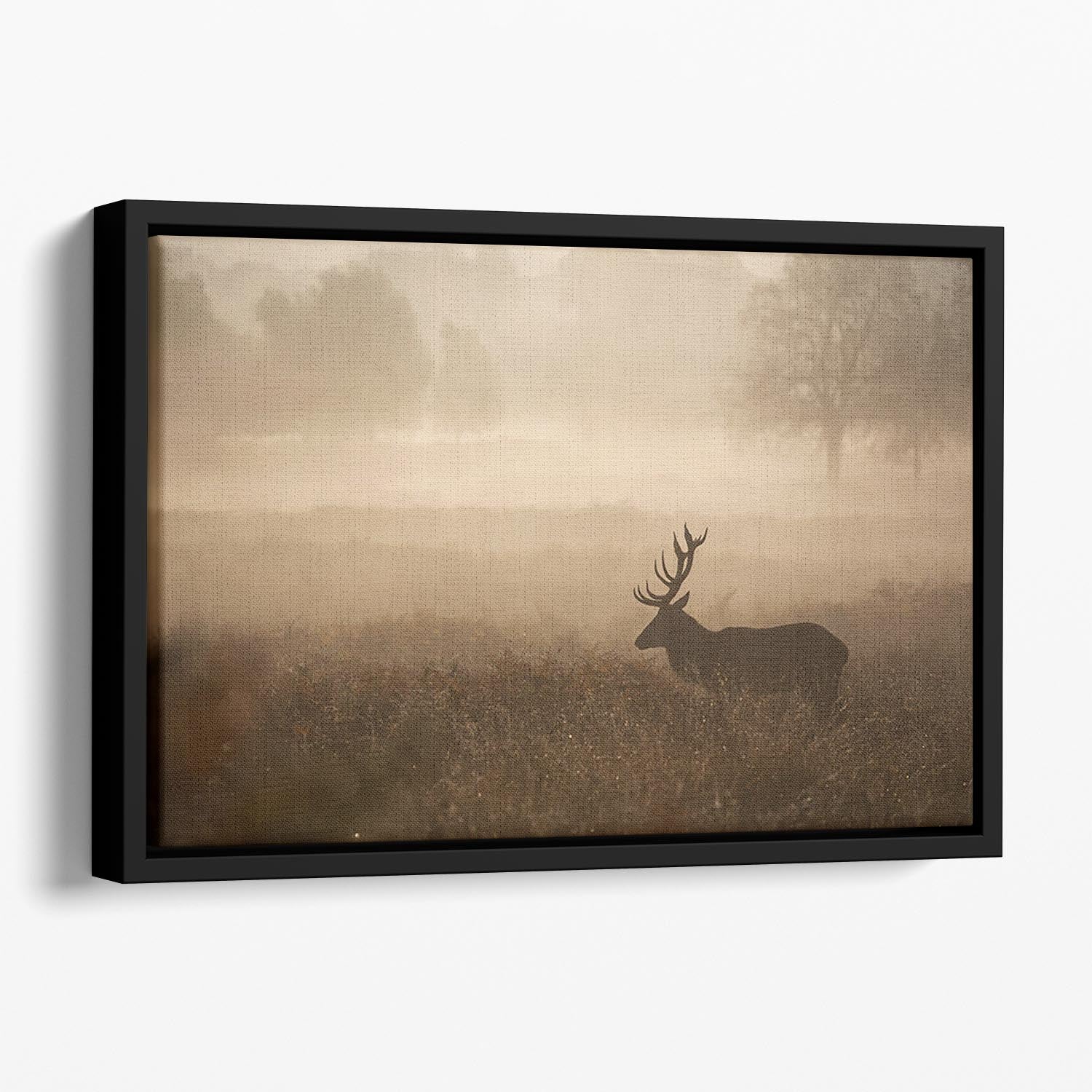 Large red deer stag in autumn mist Floating Framed Canvas - Canvas Art Rocks - 1