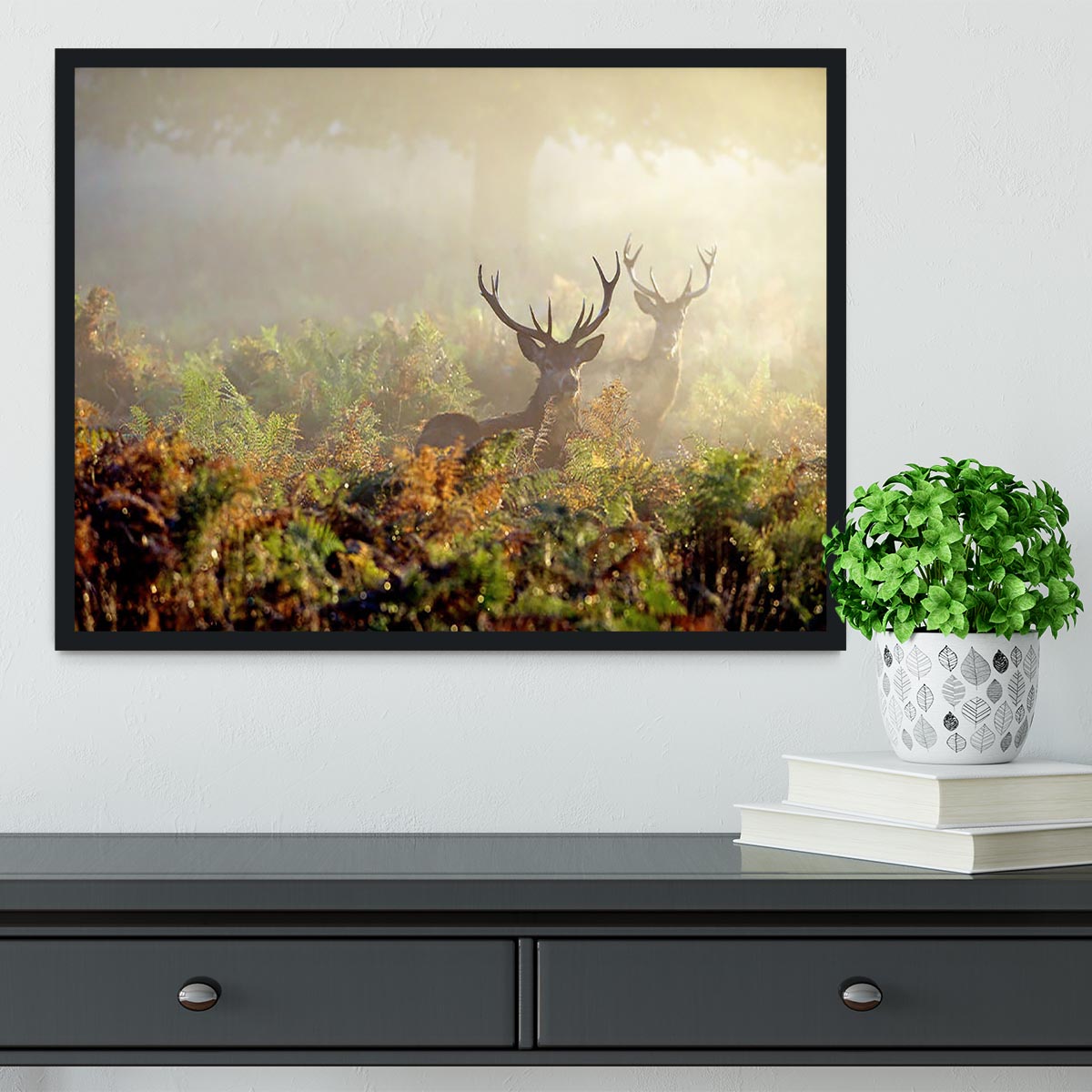Large red deer stag in mist Framed Print - Canvas Art Rocks - 2