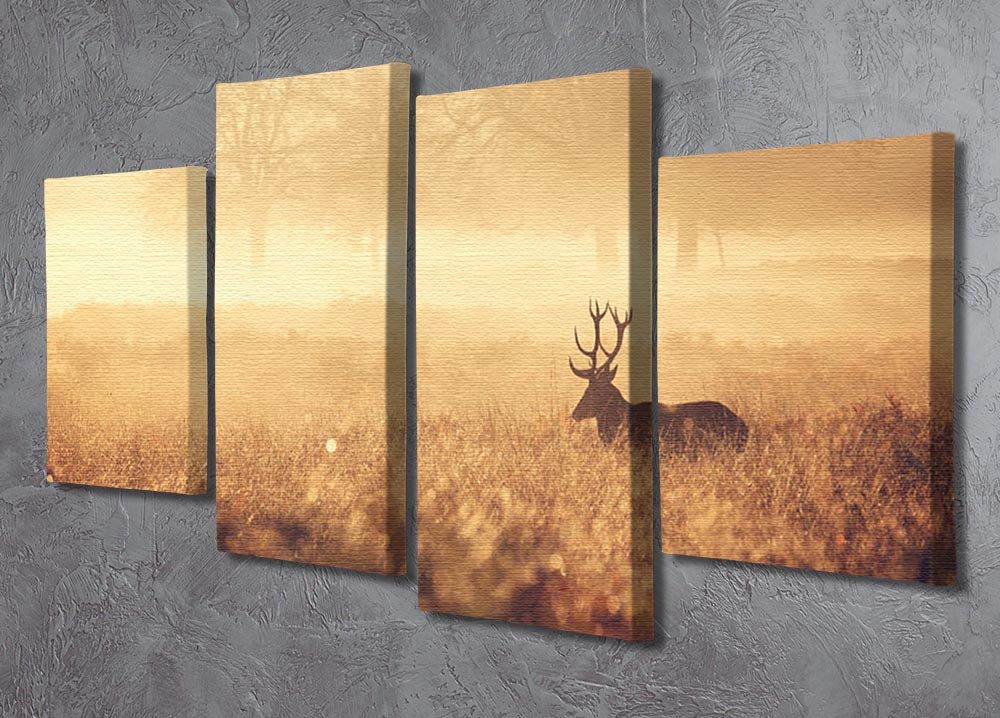 Large red deer stag silhouette in autumn mist 4 Split Panel Canvas - Canvas Art Rocks - 2