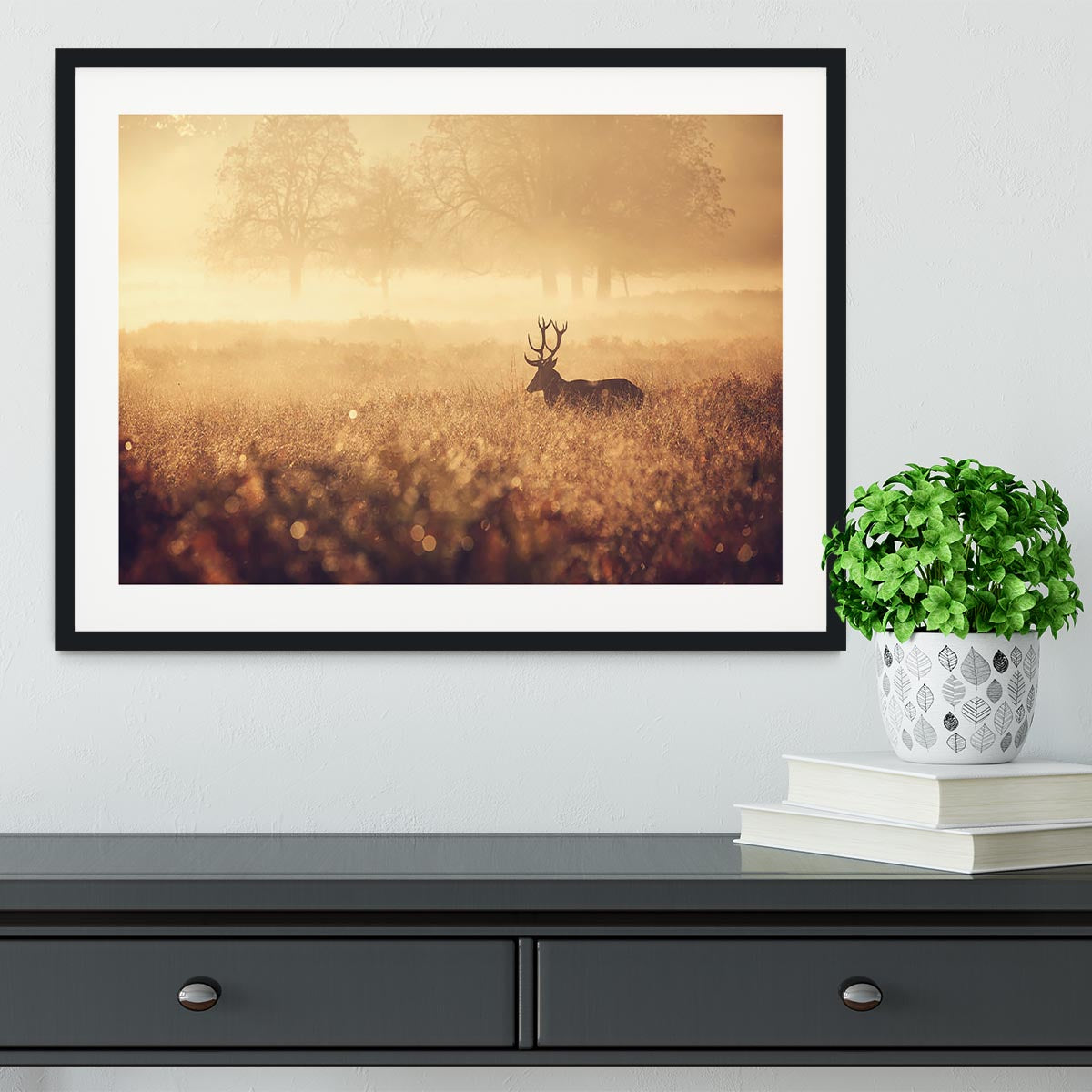 Large red deer stag silhouette in autumn mist Framed Print - Canvas Art Rocks - 1
