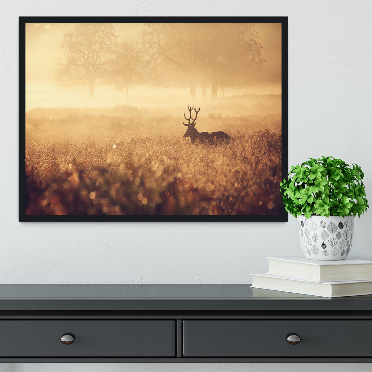 Large red deer stag silhouette in autumn mist Framed Print - Canvas Art Rocks - 2