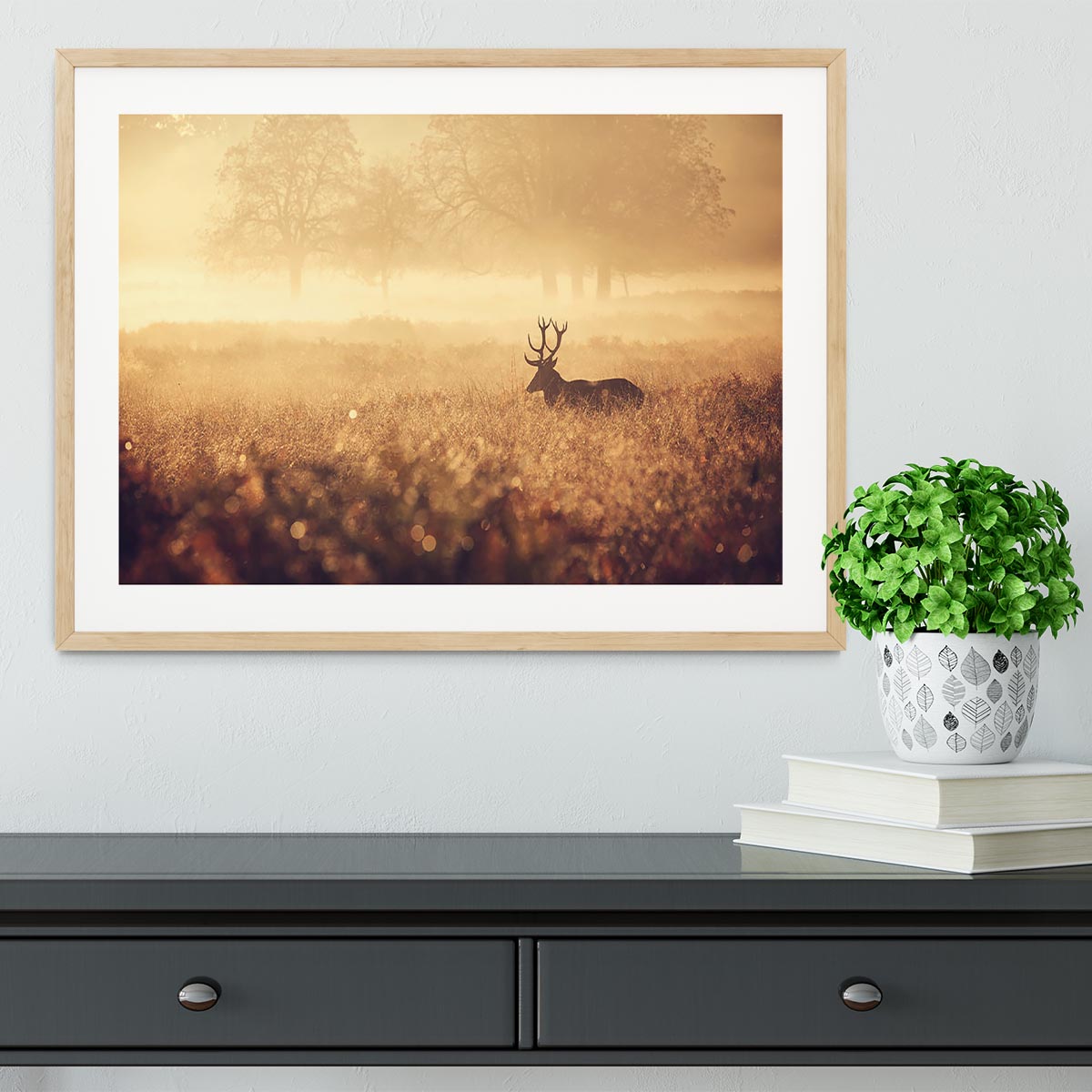 Large red deer stag silhouette in autumn mist Framed Print - Canvas Art Rocks - 3