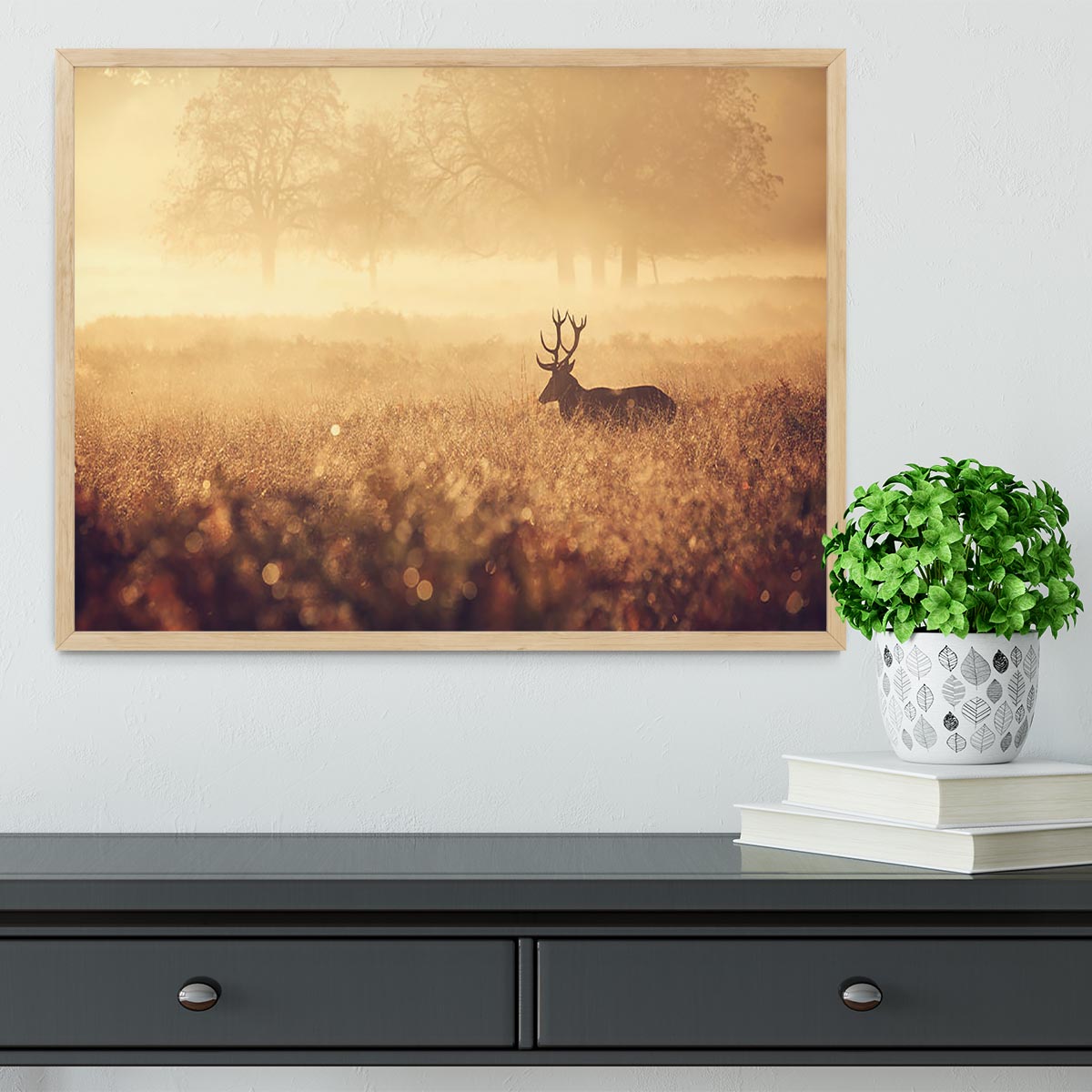 Large red deer stag silhouette in autumn mist Framed Print - Canvas Art Rocks - 4
