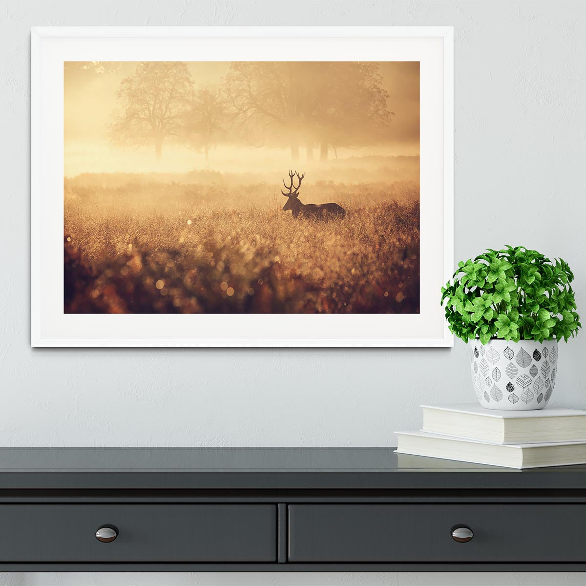Large red deer stag silhouette in autumn mist Framed Print - Canvas Art Rocks - 5