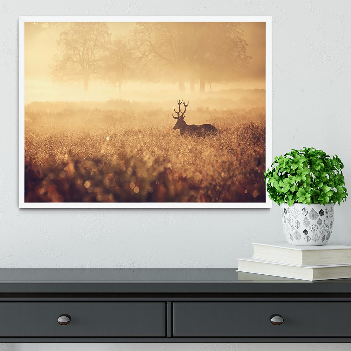 Large red deer stag silhouette in autumn mist Framed Print - Canvas Art Rocks -6