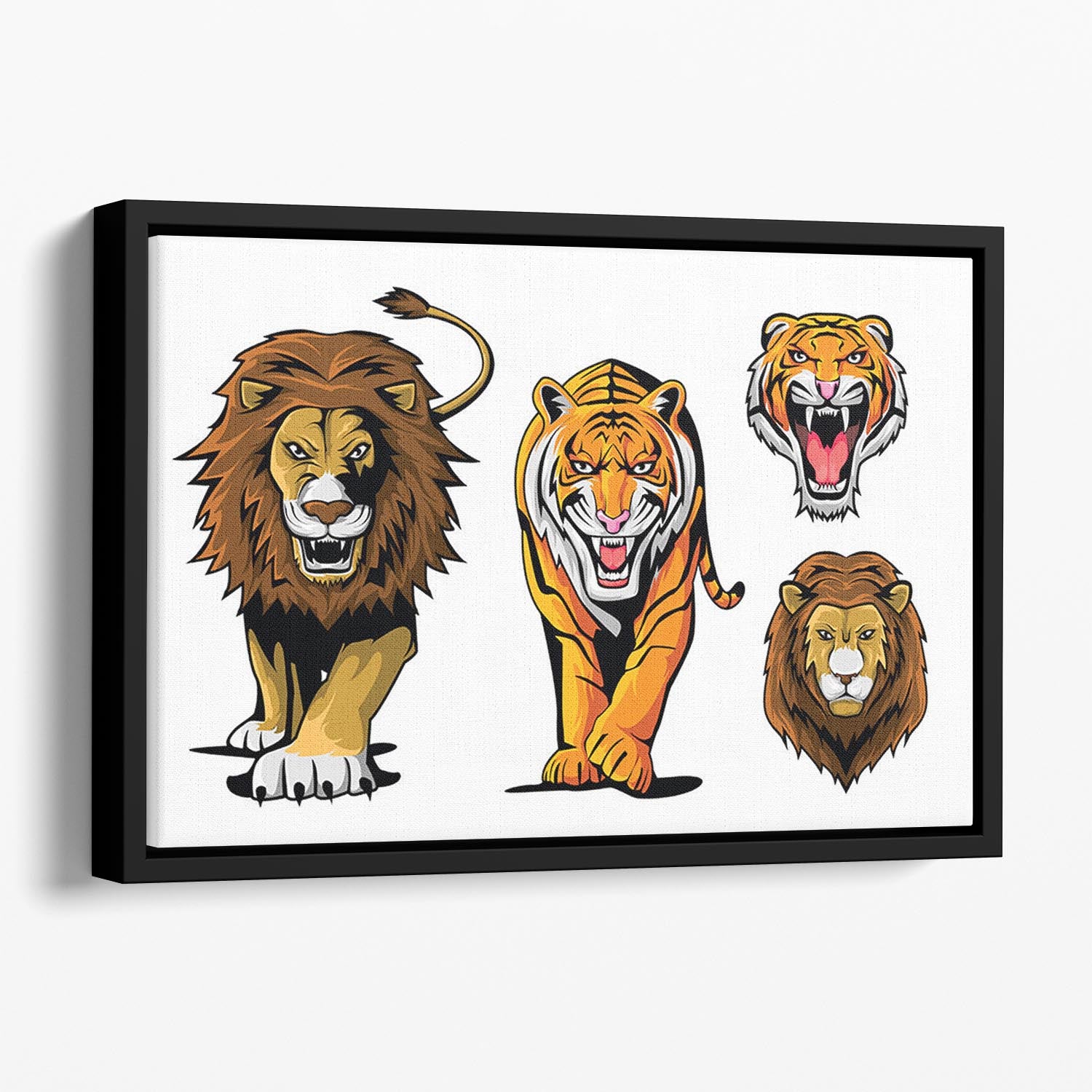 Lion And Tiger Floating Framed Canvas - Canvas Art Rocks - 1