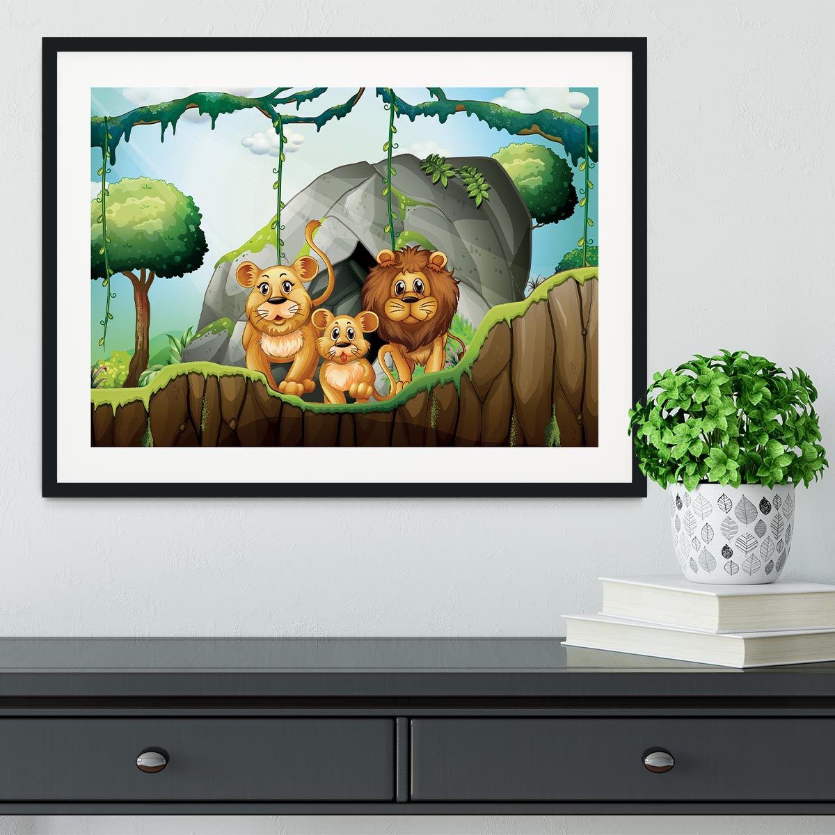 Lion family living in the jungle Framed Print - Canvas Art Rocks - 1