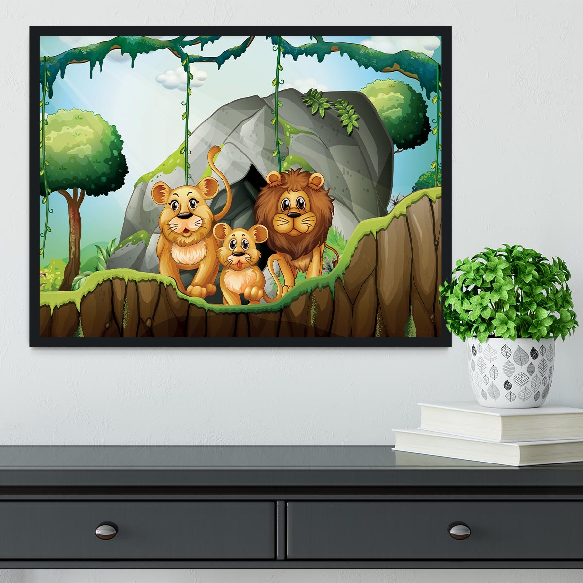 Lion family living in the jungle Framed Print - Canvas Art Rocks - 2