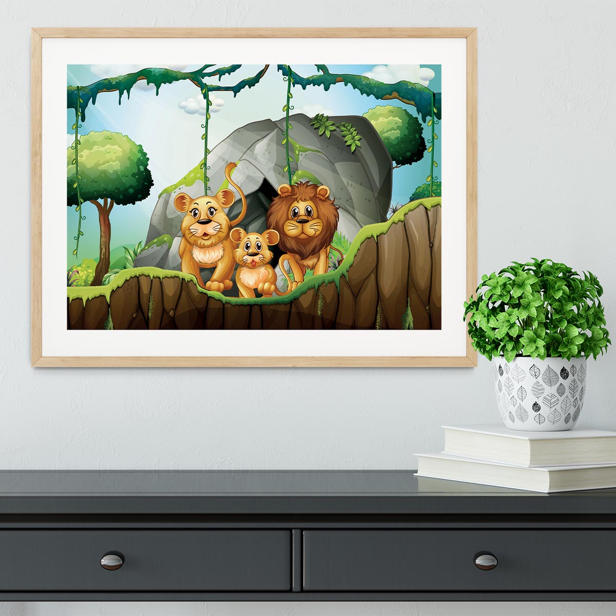 Lion family living in the jungle Framed Print - Canvas Art Rocks - 3