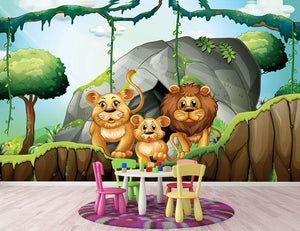 Lion family living in the jungle Wall Mural Wallpaper - Canvas Art Rocks - 2