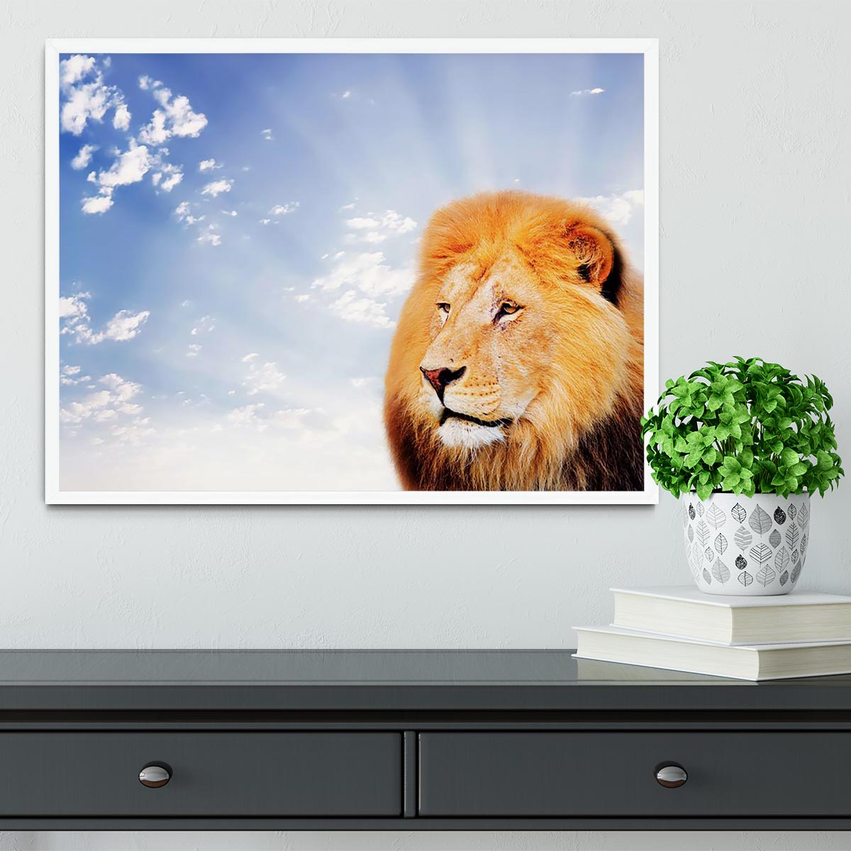 Lion on a sky background Framed Print - Canvas Art Rocks -6