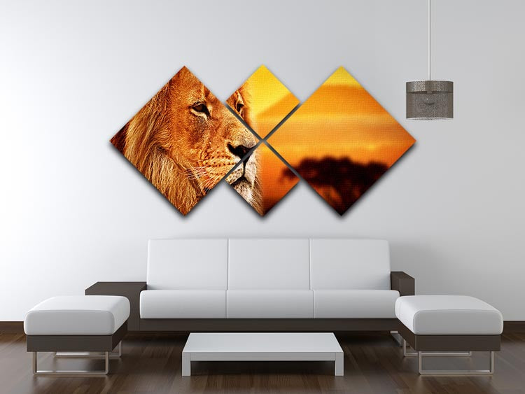Lion portrait on savanna landscape 4 Square Multi Panel Canvas - Canvas Art Rocks - 3