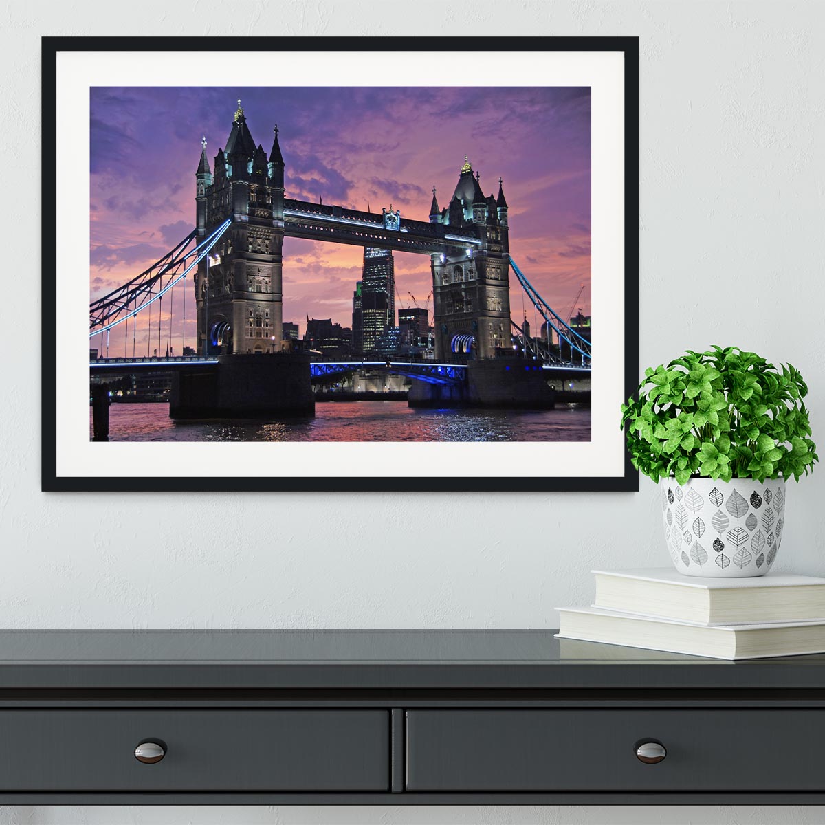 London Bridge Pink Sunset Framed Print - Canvas Art Rocks - 1