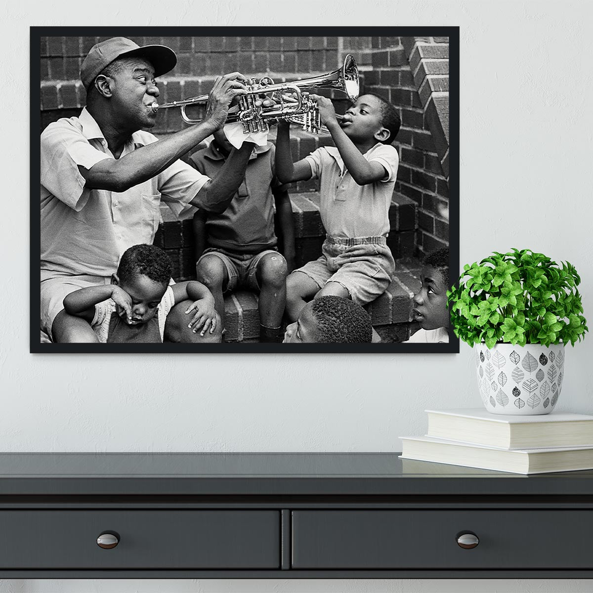 Louis Armstrong with kids Framed Print - Canvas Art Rocks - 2