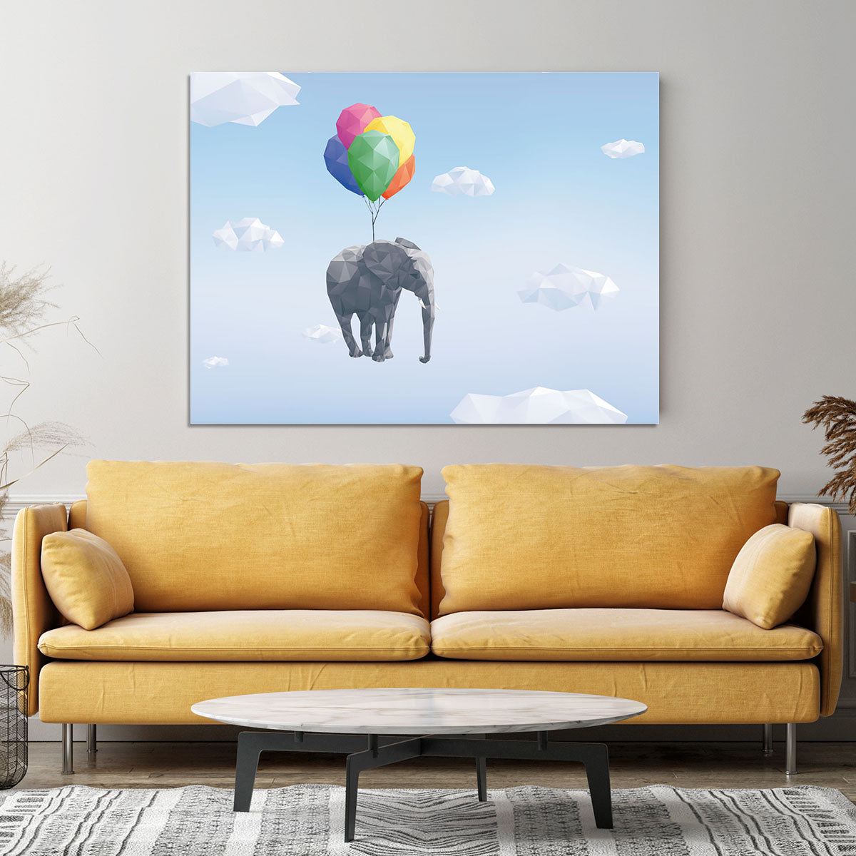 Low Poly Elephant attached to balloons flying through cloudy sky Canvas Print or Poster - Canvas Art Rocks - 4
