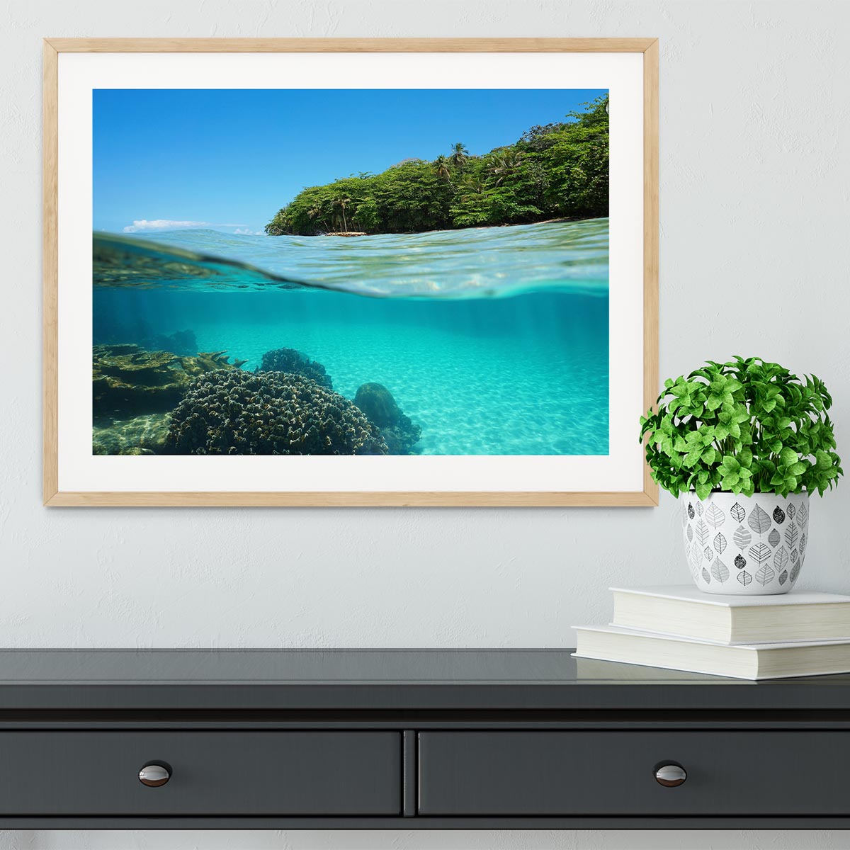 Lush tropical shore above waterline Framed Print - Canvas Art Rocks - 3