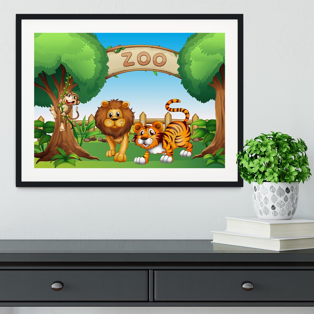 Monkey lion and a tiger at Zoo Framed Print - Canvas Art Rocks - 1