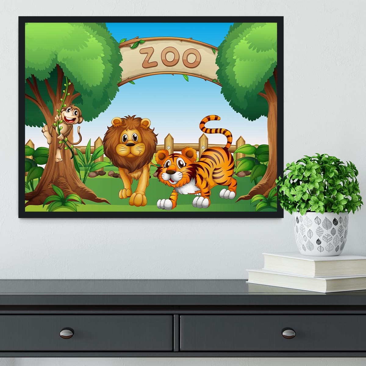 Monkey lion and a tiger at Zoo Framed Print - Canvas Art Rocks - 2