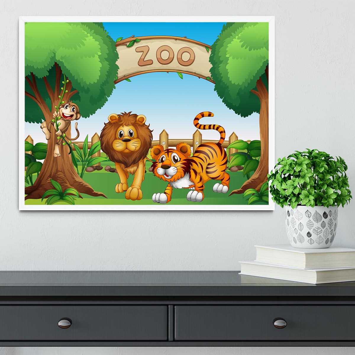 Monkey lion and a tiger at Zoo Framed Print - Canvas Art Rocks -6