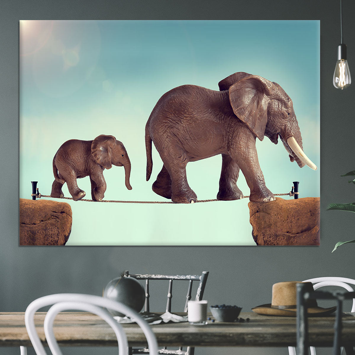 Mother and baby elephant on a tightrope Canvas Print or Poster - Canvas Art Rocks - 3