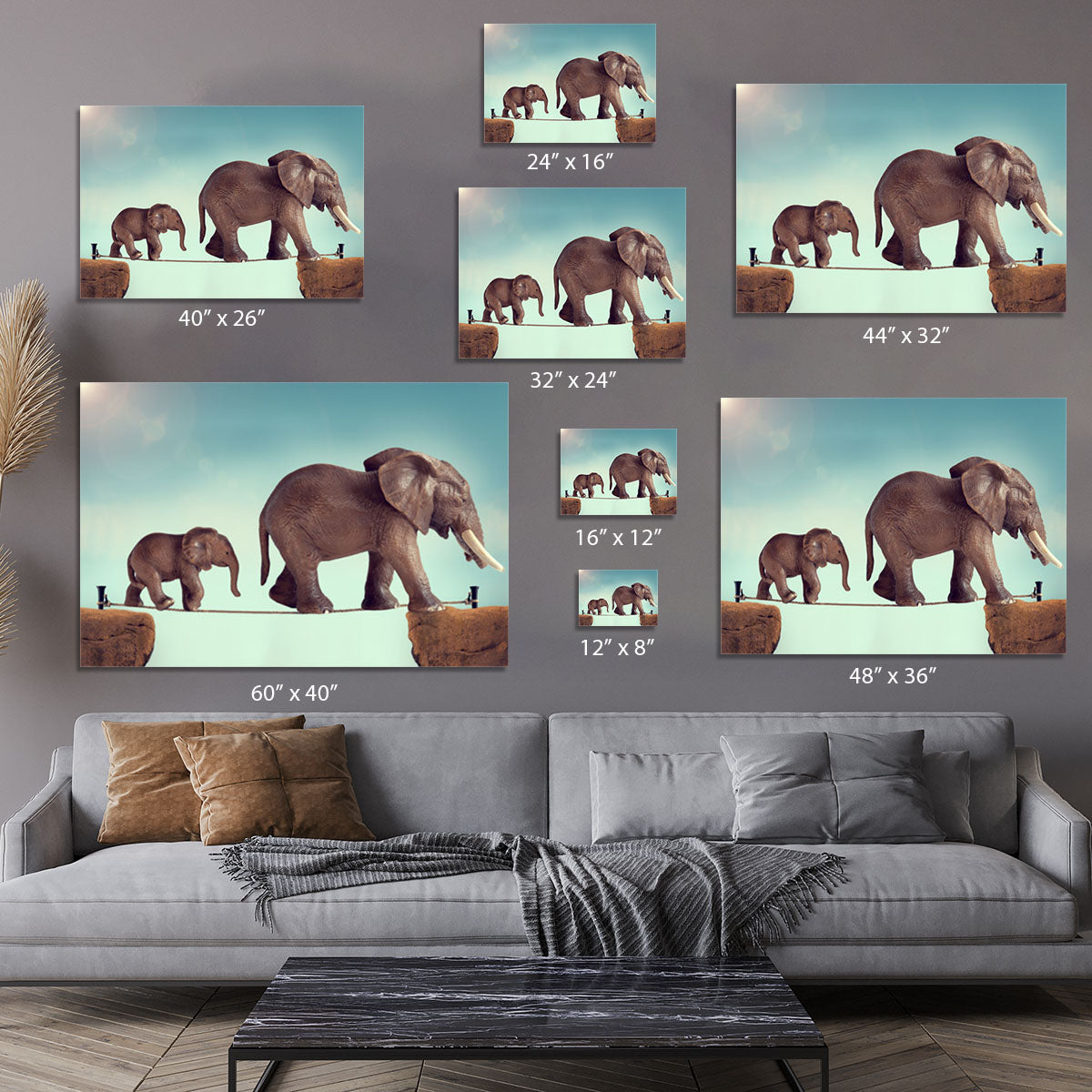 Mother and baby elephant on a tightrope Canvas Print or Poster - Canvas Art Rocks - 7