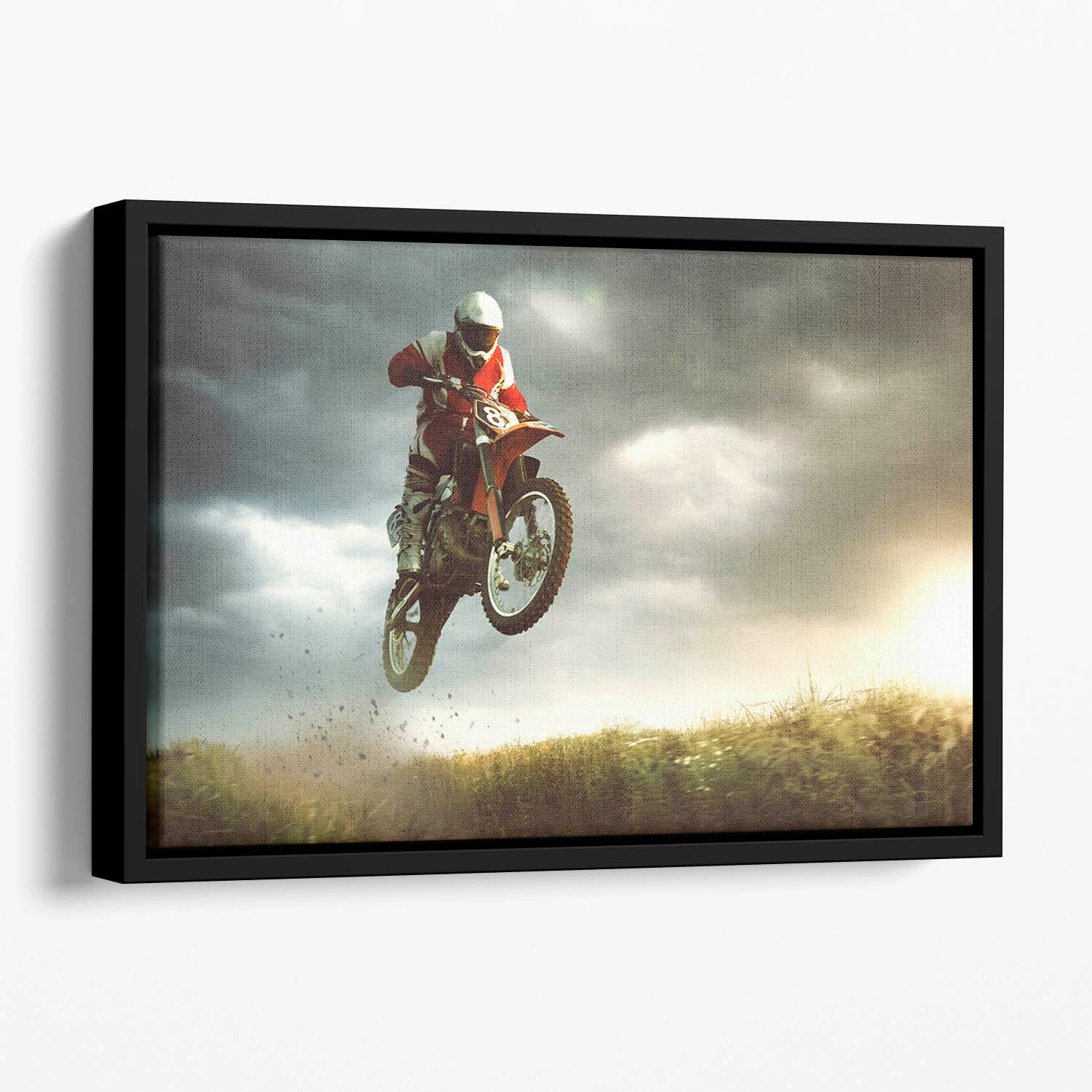 Motorbike jumps in the air Floating Framed Canvas