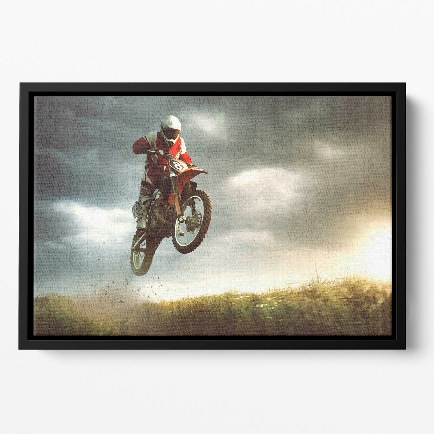 Motorbike jumps in the air Floating Framed Canvas