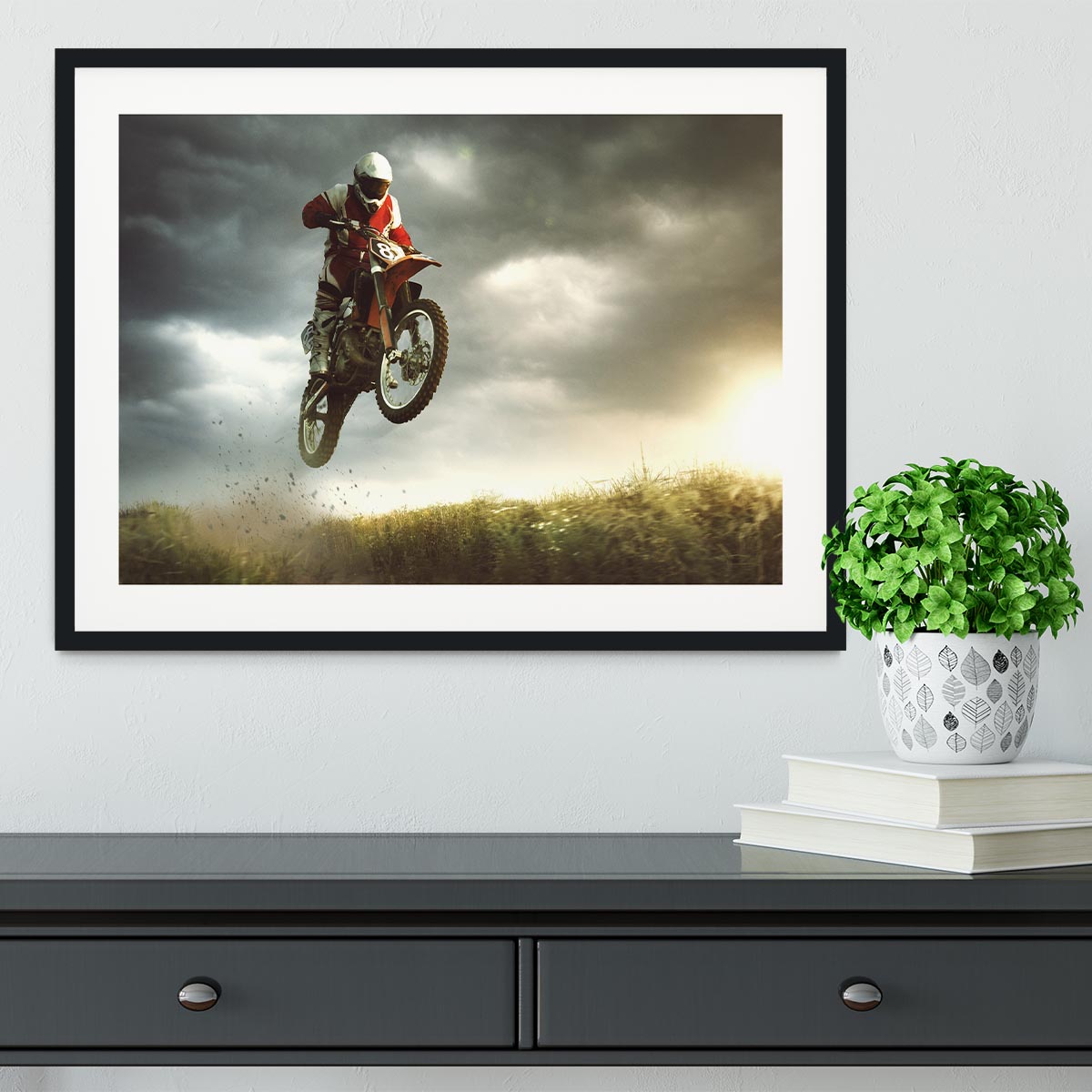 Motorbike jumps in the air Framed Print - Canvas Art Rocks - 1