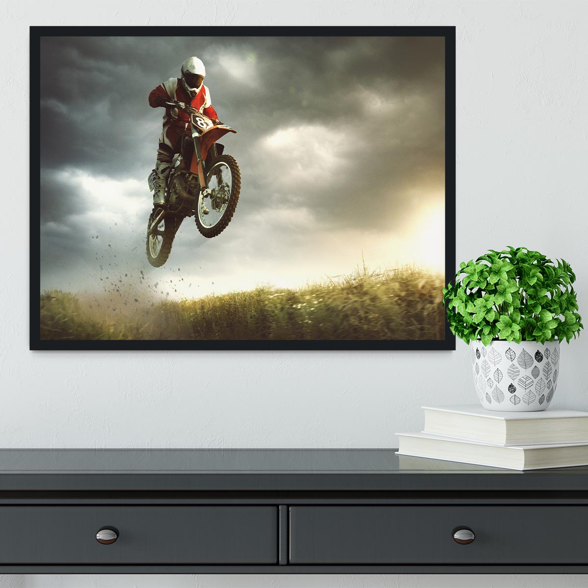 Motorbike jumps in the air Framed Print - Canvas Art Rocks - 2