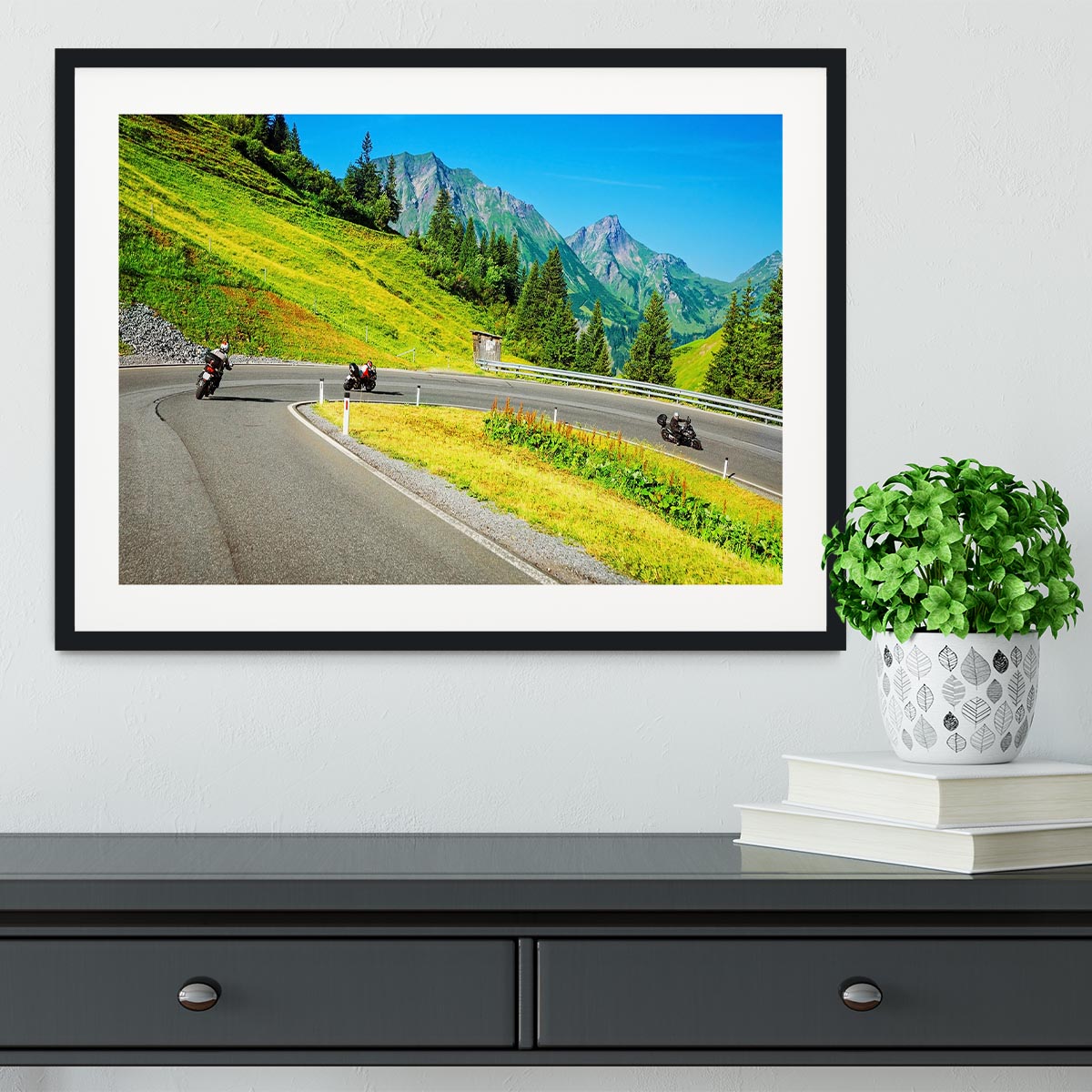 Motorbikers group in the moutains Framed Print - Canvas Art Rocks - 1