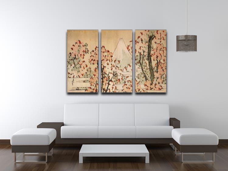 Mount Fuji behind cherry trees and flowers by Hokusai 3 Split Panel Canvas Print - Canvas Art Rocks - 3