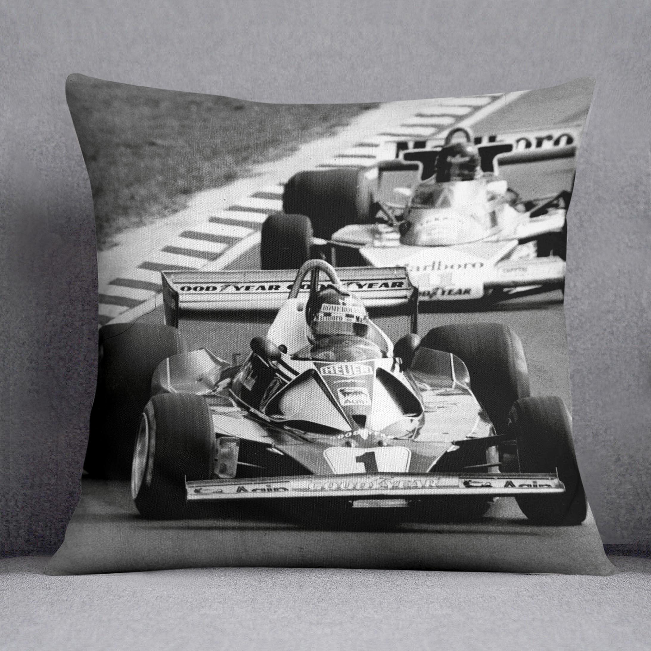 Niki Lauda leads James Hunt in the British Grand Prix 1976 Cushion - Canvas Art Rocks - 1